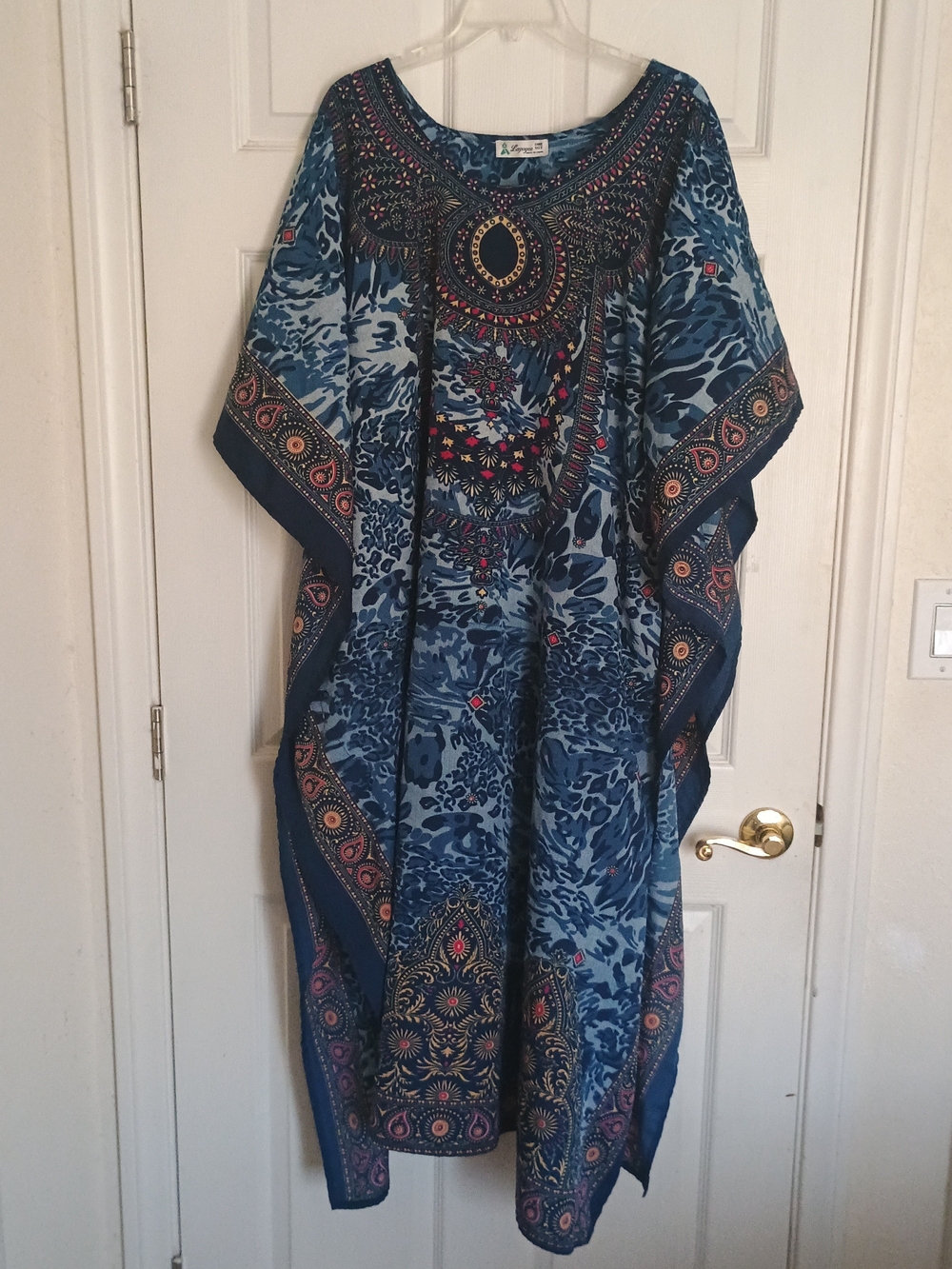 EUC Lapogee Bohemian Indigo Blue Printed Kaftan Mumu Slip-On Dress One Size